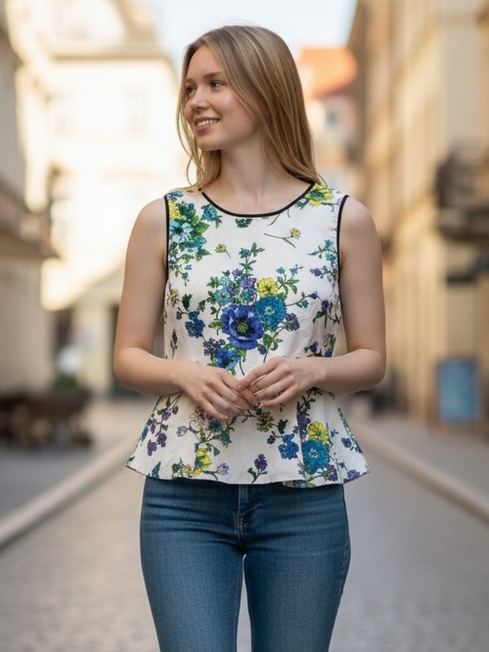 Forever 21 Tops - Forever 21 White Floral Trim Peplum Tank Top